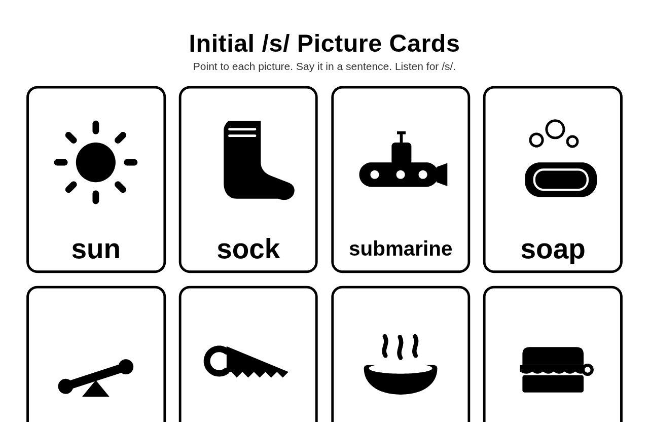 The student-facing screen: an /s/ picture-card worksheet filling the display, with no roster, session controls, or other student information visible